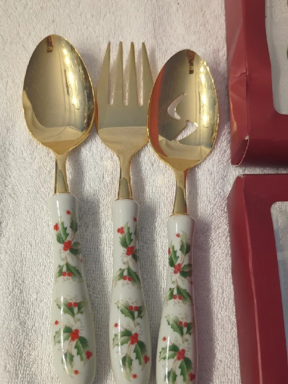 Lenox White and Gold Holiday Holly Serving Spoon & Fork Set